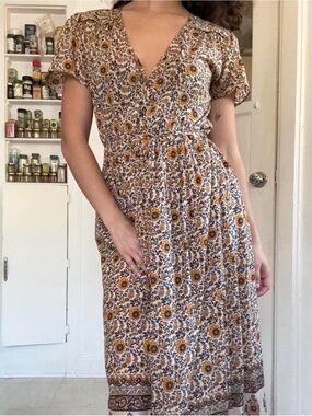 Christy Dawn Mustard and Cream Floral V-Neck Midi Dress